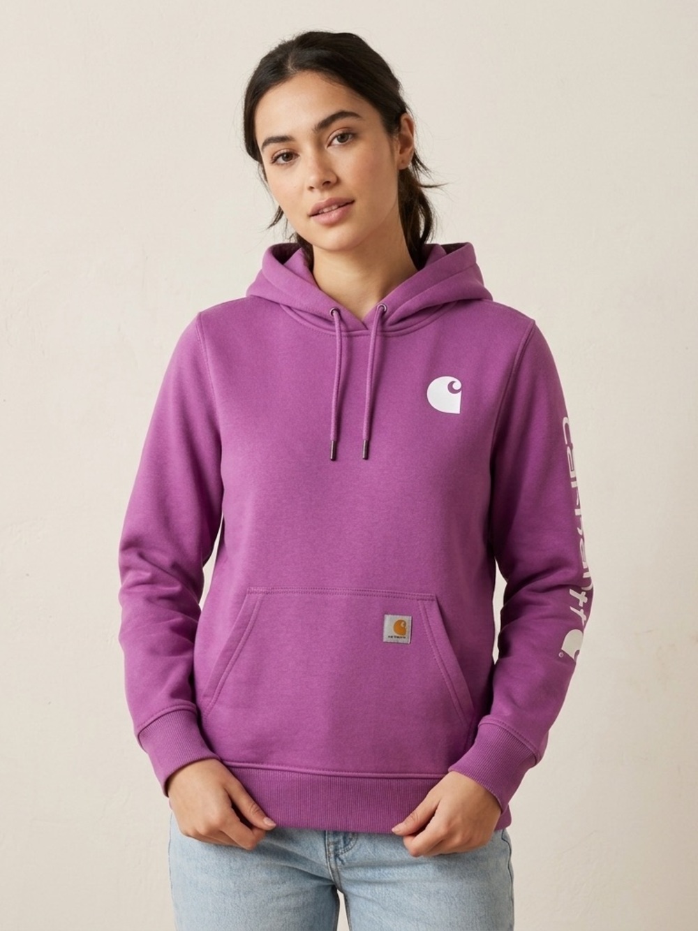 Carhartt Purple Logo Sleeve Hoodie Sweatshirt Women’s Medium Relaxed Fit